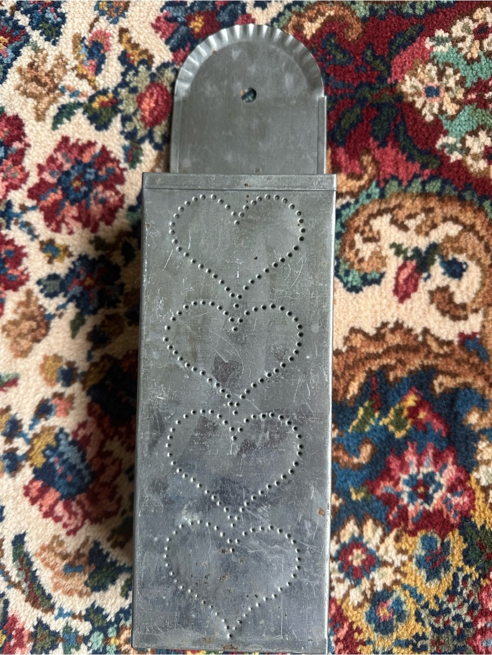 Vintage Tin Heart Pattern Wall Pocket - Silver Metal
